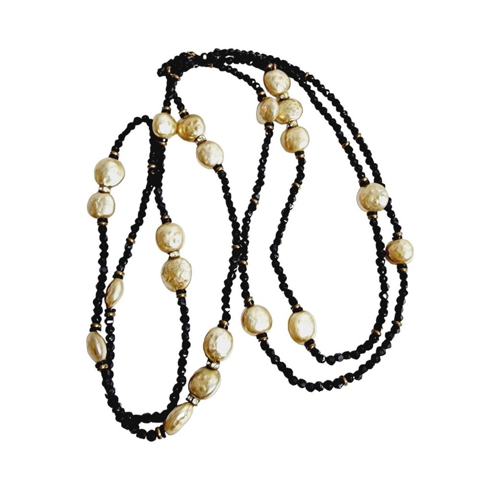 Vintage Long Crystal & Pearlized Metal Necklace (A1427)